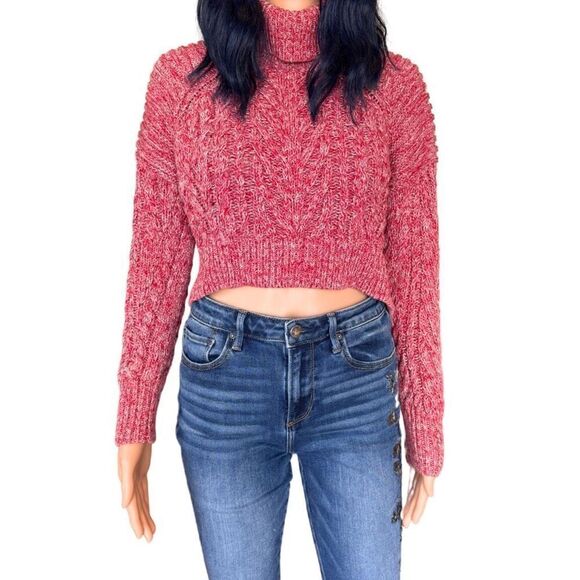 C/MEO Collective Red Up Together Sweater S Chunky Knit Turtleneck Crop Holiday - Picture 2 of 7
